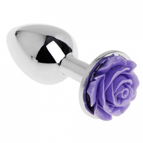 Анальная пробка из металла с украшением в виде фиолетовой розы