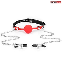 Кляп с шаром из силикона с зажимами на соски