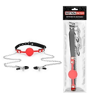 Кляп с шаром из силикона с зажимами на соски