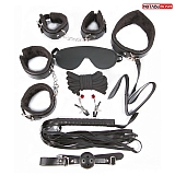 Набор БДСМ-аксессуаров черный: наручники, оковы, маска, кляп, плеть, ошейник с поводком, верёвка, зажимы для сосков