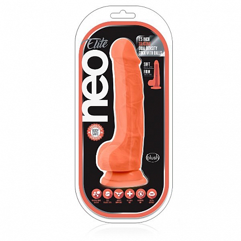 Фаллоимитатор на присоске оранжевый из мягкого силикона Neo Elite, 19 см