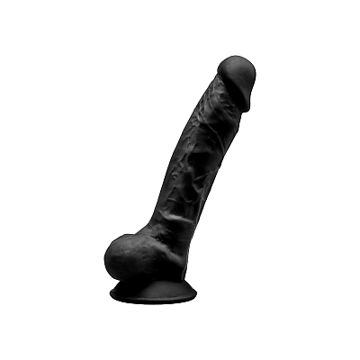 Фаллоимитатор черный на присоске с мошонкой из мягкого силикона SileXD Model 1, 17,5 см