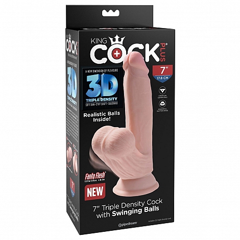 Фаллоимитатор на присоске  с подвижной мошонкой King Cock Plus 7 Triple Density