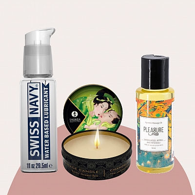 Набор косметики из лубриканта Swiss Navy, массажной свечи Shunga и массажного масла Pleasure Lab
