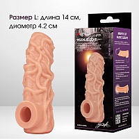 Насадка с выделенными венами, с подхватом мошонки на фаллос, с открытой головкой, размер L, Kokos Nude Sleeve 004