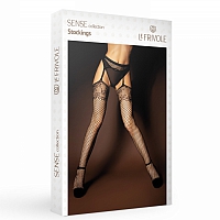 Черные сетчатые чулки с поясом и кружевным узором Sense, S/XL