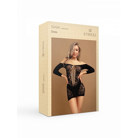 Искрящееся стразами черное платье с длинными рукавами Spark, S/XXL.