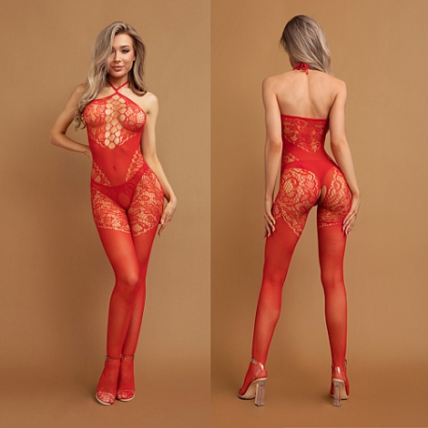 Красный боди-комбинезон с вырезом на груди и кружевом Impulse, S/XXL