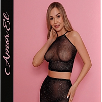 Комплект из топа и юбки чёрный со стразами, S/L