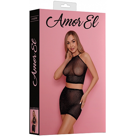 Комплект из топа и юбки чёрный со стразами, S/L