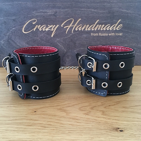 Оковы из натуральной кожи с двумя ремнями и с красной подкладкой Crazy Handmade