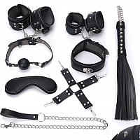 Набор БДСМ-аксессуаров: маска, ошейник, кляп, фиксатор, наручники, оковы, плеть