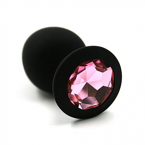 Маленькая анальная пробка черная с нежно-розовым кристаллом